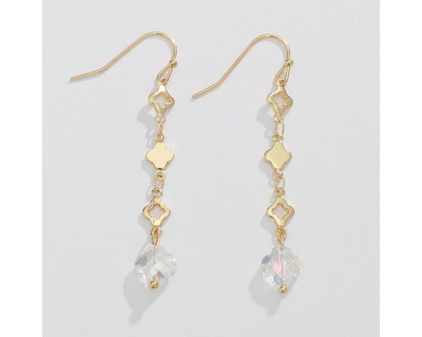 Gold Clover Drop w Crystal Earrings
