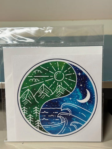 Yin Yang Green Mountains & Blue Waves Sticker