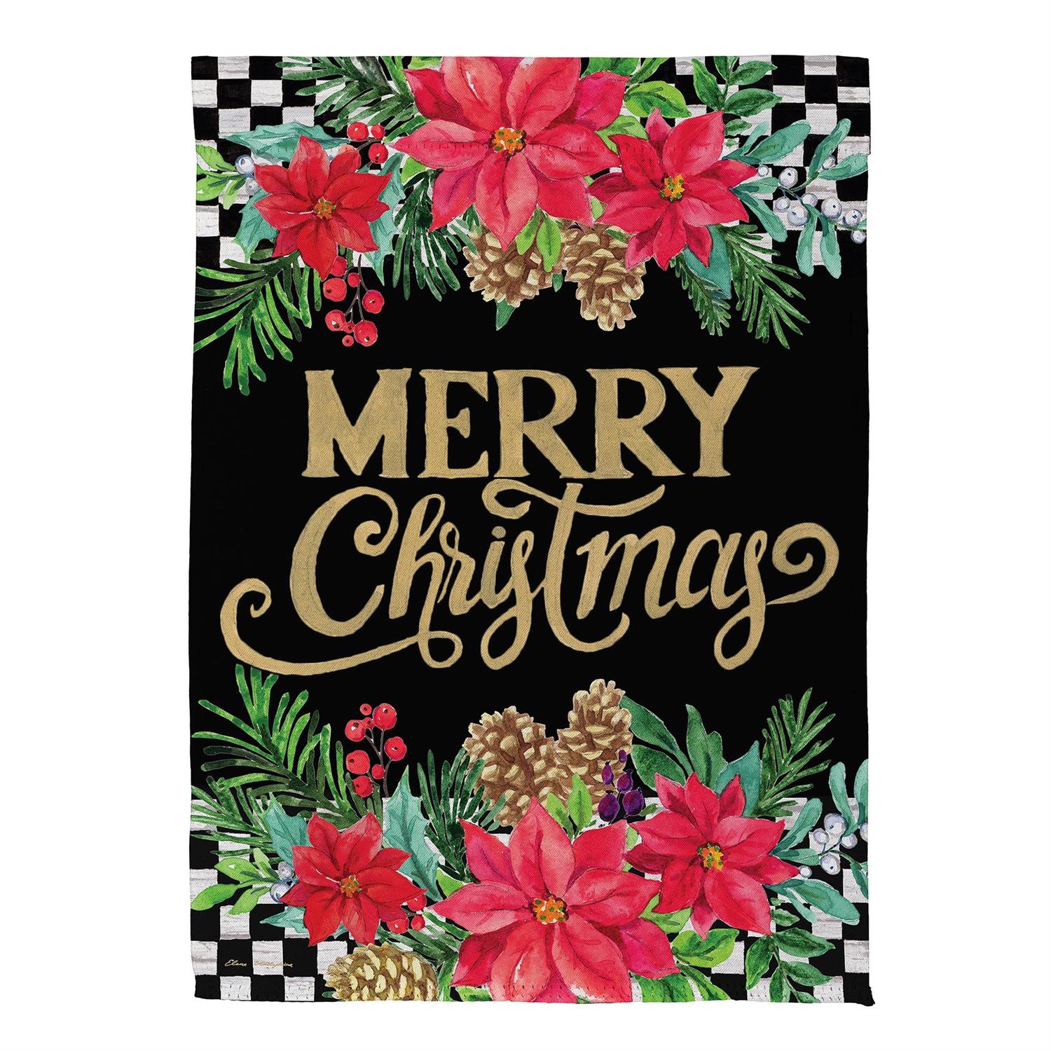Floral Checkered Merry Christmas Garden Flag