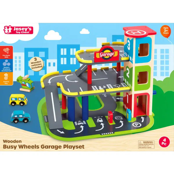 Wooden Busy Wheels Garage Playset