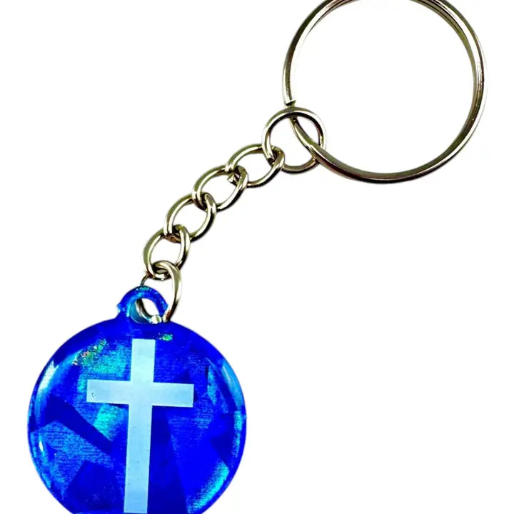 Blue Crystal & Cross Prayer Tag Keychain