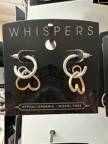 Whispers Small Silver Hoop w/Gold Dangle Heart Earrings