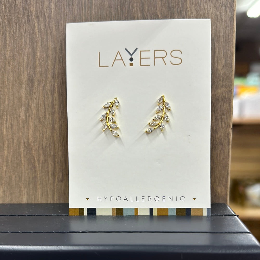Gold CZ Leaf Stud Earrings