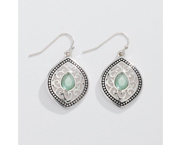 Silver Filigree w Aqua Crystal Earrings