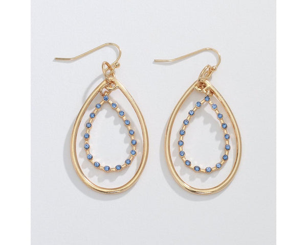 Gold Double Drop w Blue Crystals Earrings