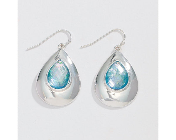 Silver Teardrop w Aqua Inlay Earrings