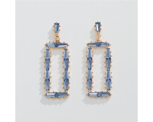 Gold Rectangles w Blue Crystals Earrings