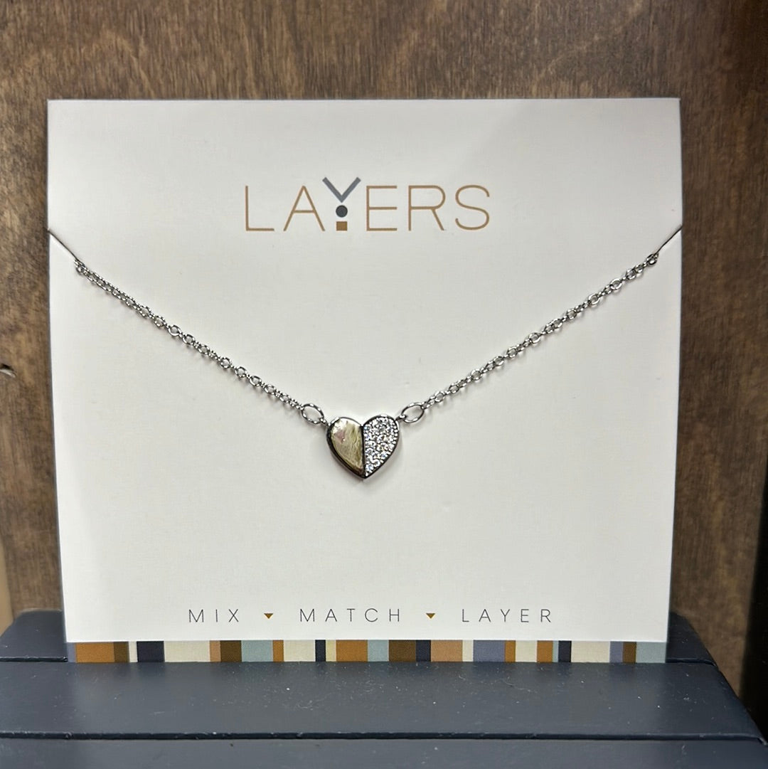 Silver Half CZ Heart Necklace