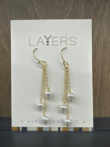 Gold Triple Pearl Dangle Earrings