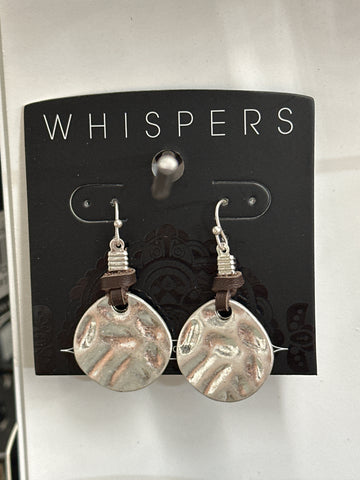 Whispers Leather Knot Hammered Disc Earrings - Silver