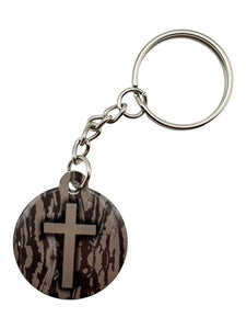 Tree Bark Camo & Cross Prayer Tag Keychain