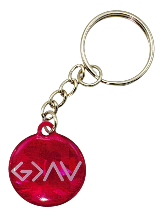 Pink Crystal God is Greater Prayer Tag Keychain