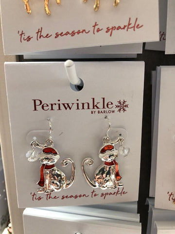 Santa Hat Silver Cat Earrings